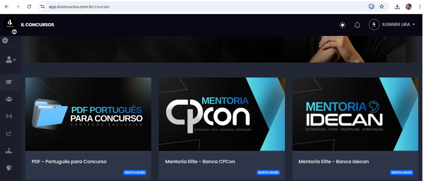 Plataforma IL Concursos — área do aluno com cursos e mentorias